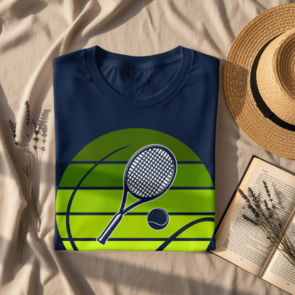 Navy t-shirt with tennis racket and ball graphic and green striped circle.