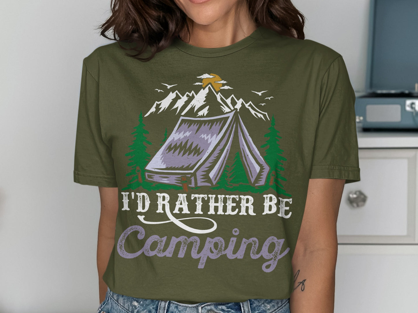T-shirt with tent, mountains, trees, and "I'd Rather Be Camping" text.