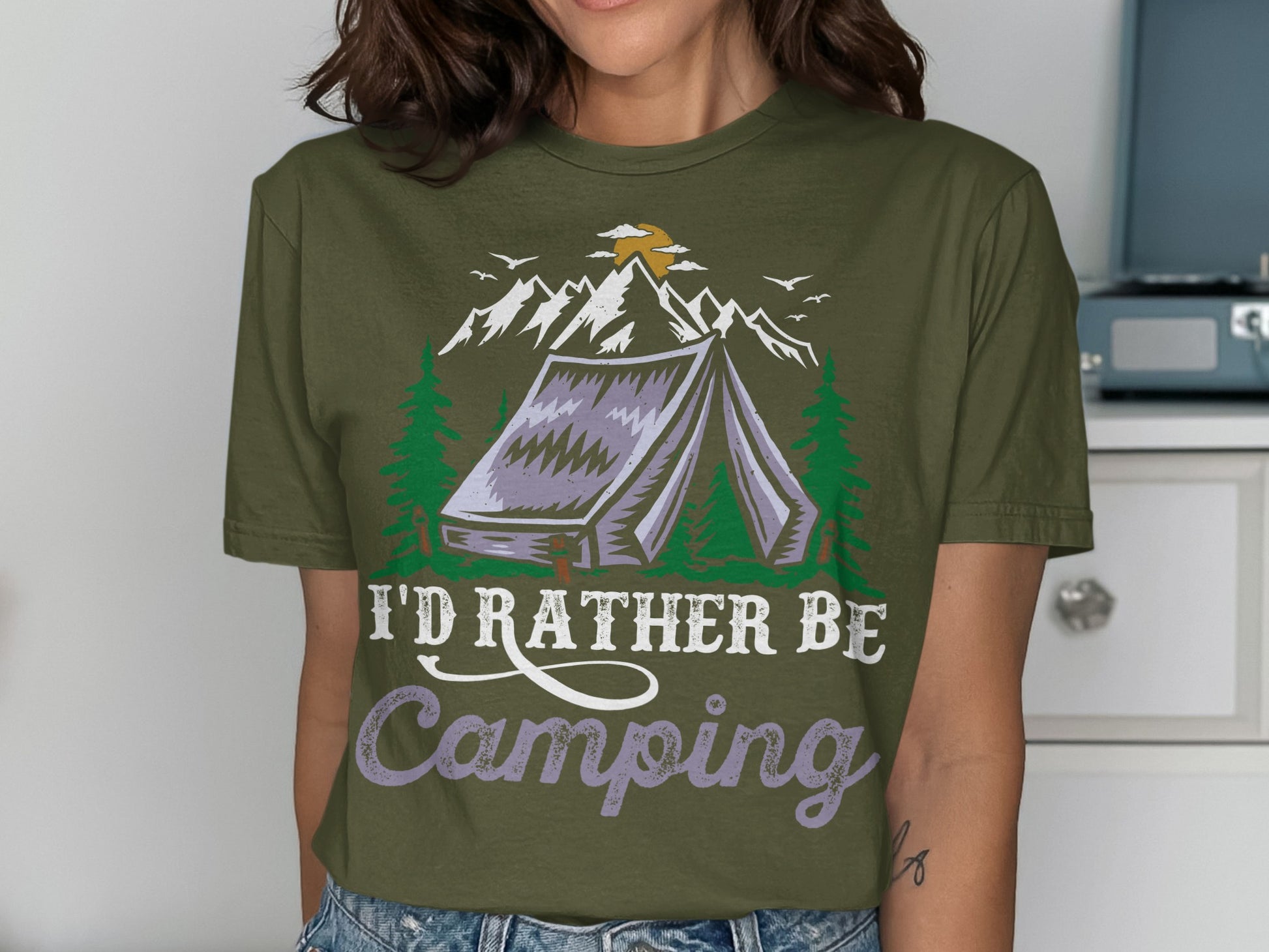 T-shirt with tent, mountains, trees, and "I'd Rather Be Camping" text.