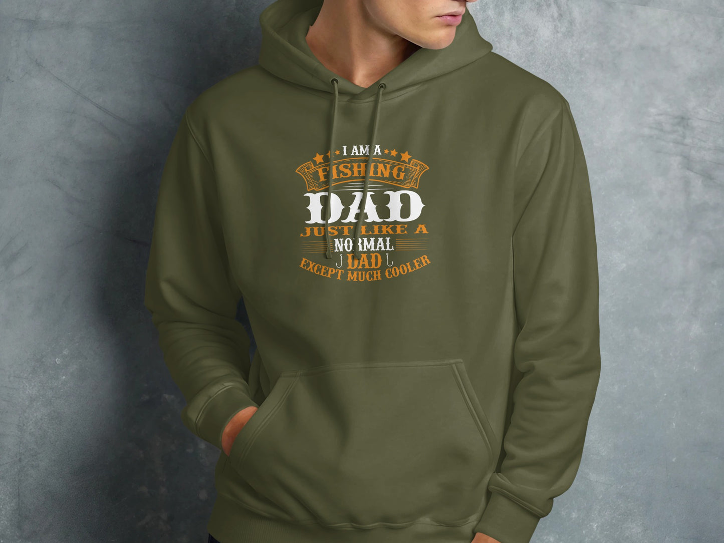 Green hoodie with "I am a fishing dad, just like a normal dad except much cooler" text.