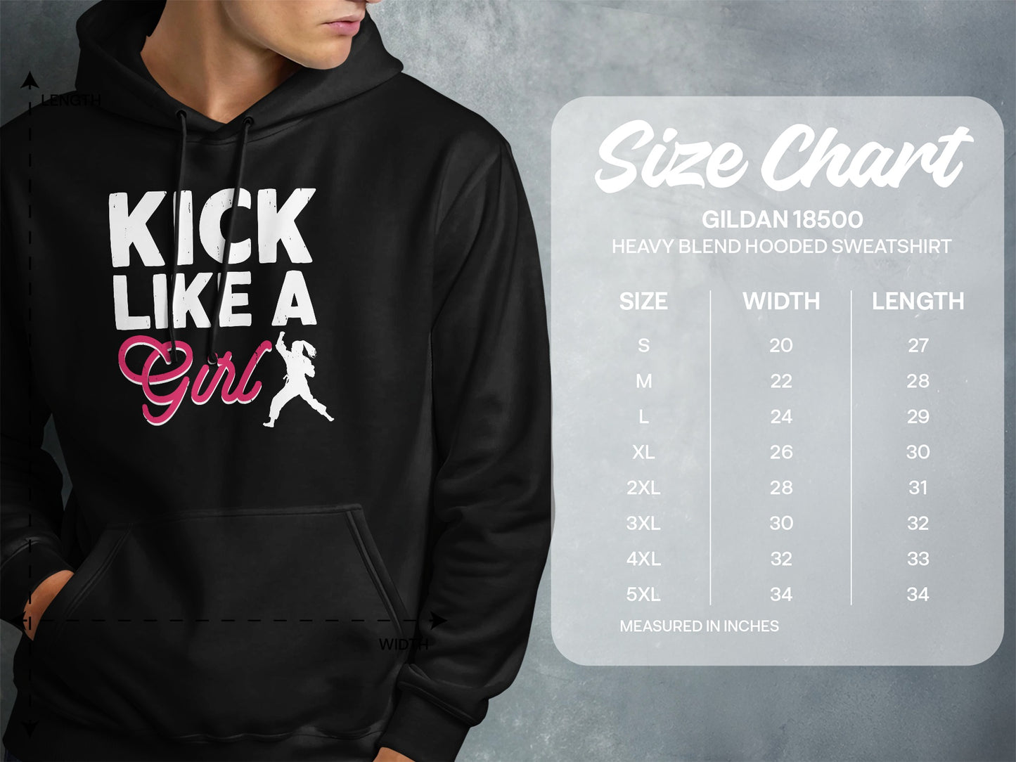 Black hooded sweatshirt with "Kick Like A Girl" graphic and size chart.
