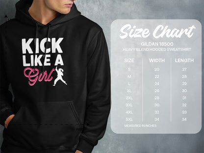 Black hooded sweatshirt with "Kick Like A Girl" graphic and size chart.