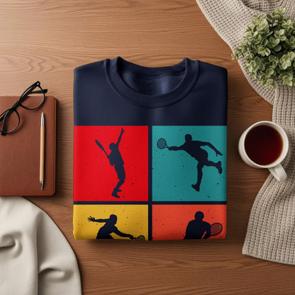 Navy sweatshirt with colorful tennis player graphic divided into four squares.