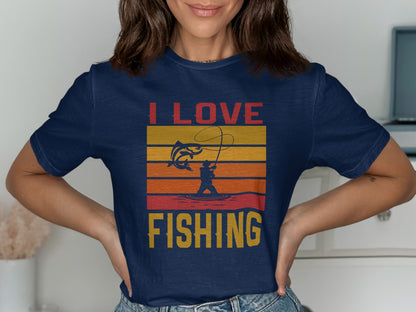 Navy t-shirt with "I LOVE FISHING" in sunset gradient lettering.