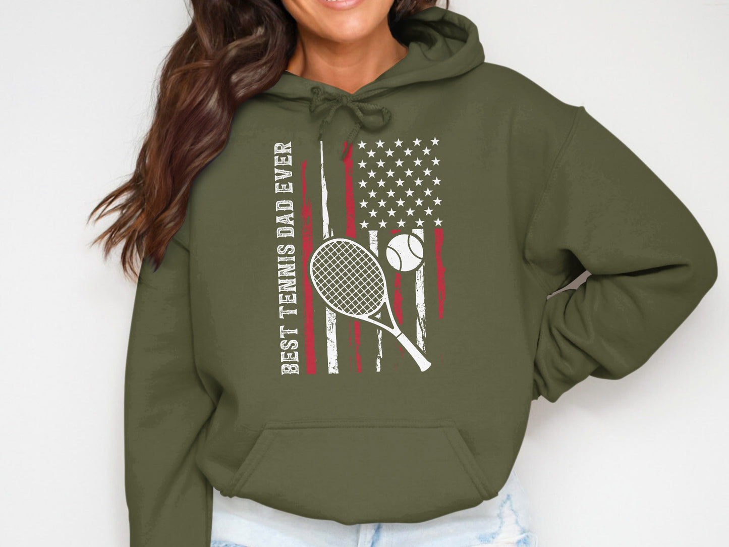 Olive green hoodie with American flag graphic and "BEST TENNIS DAD EVER" text.