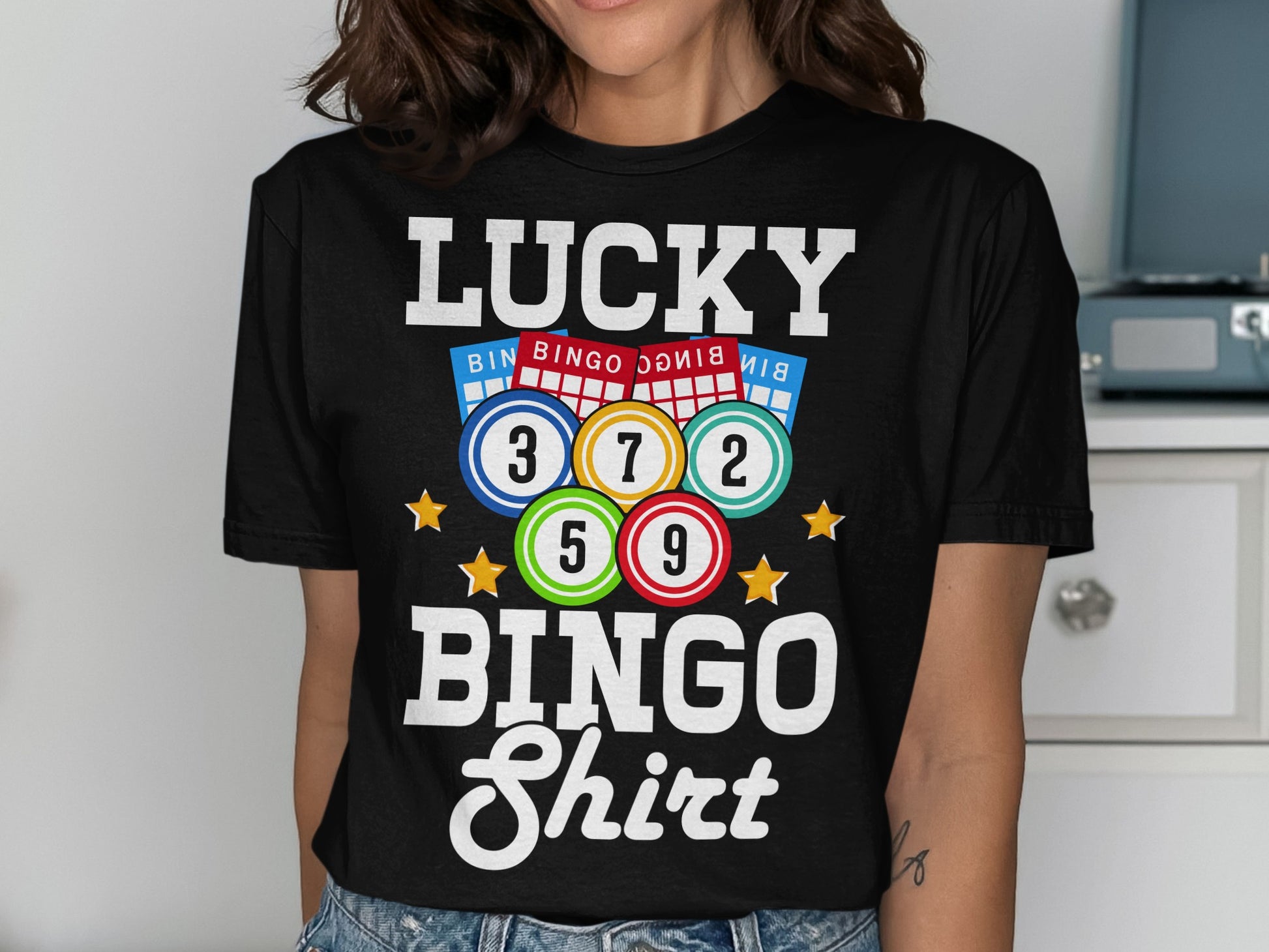 Black t-shirt with "LUCKY BINGO Shirt" and bingo balls.