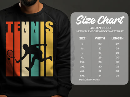 Tennis graphic sweatshirt size chart with measurements for Gildan 18000 crewneck.