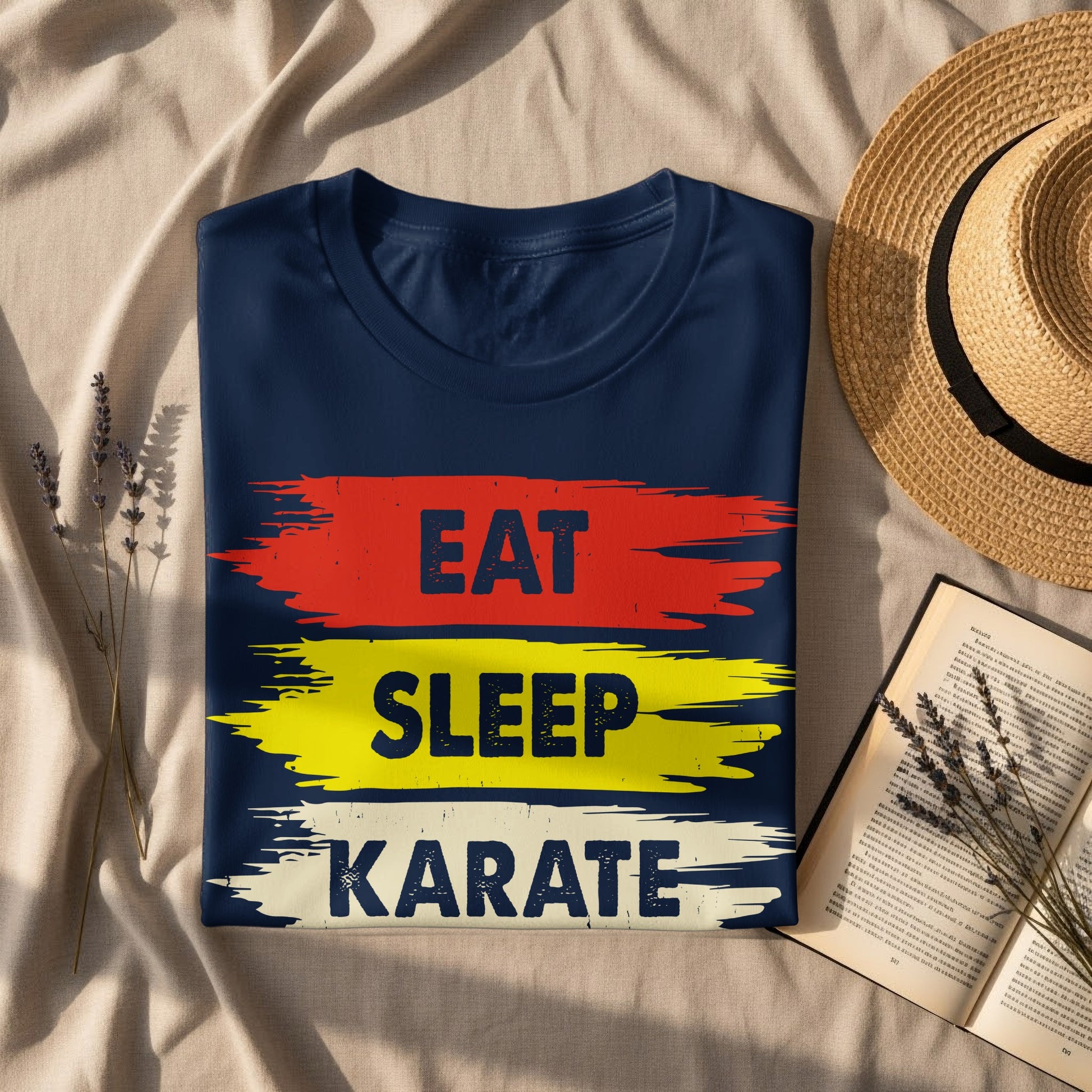 Navy t-shirt with "EAT SLEEP KARATE" in distressed red, yellow, and blue text.