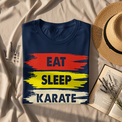 Navy t-shirt with "EAT SLEEP KARATE" in distressed red, yellow, and blue text.