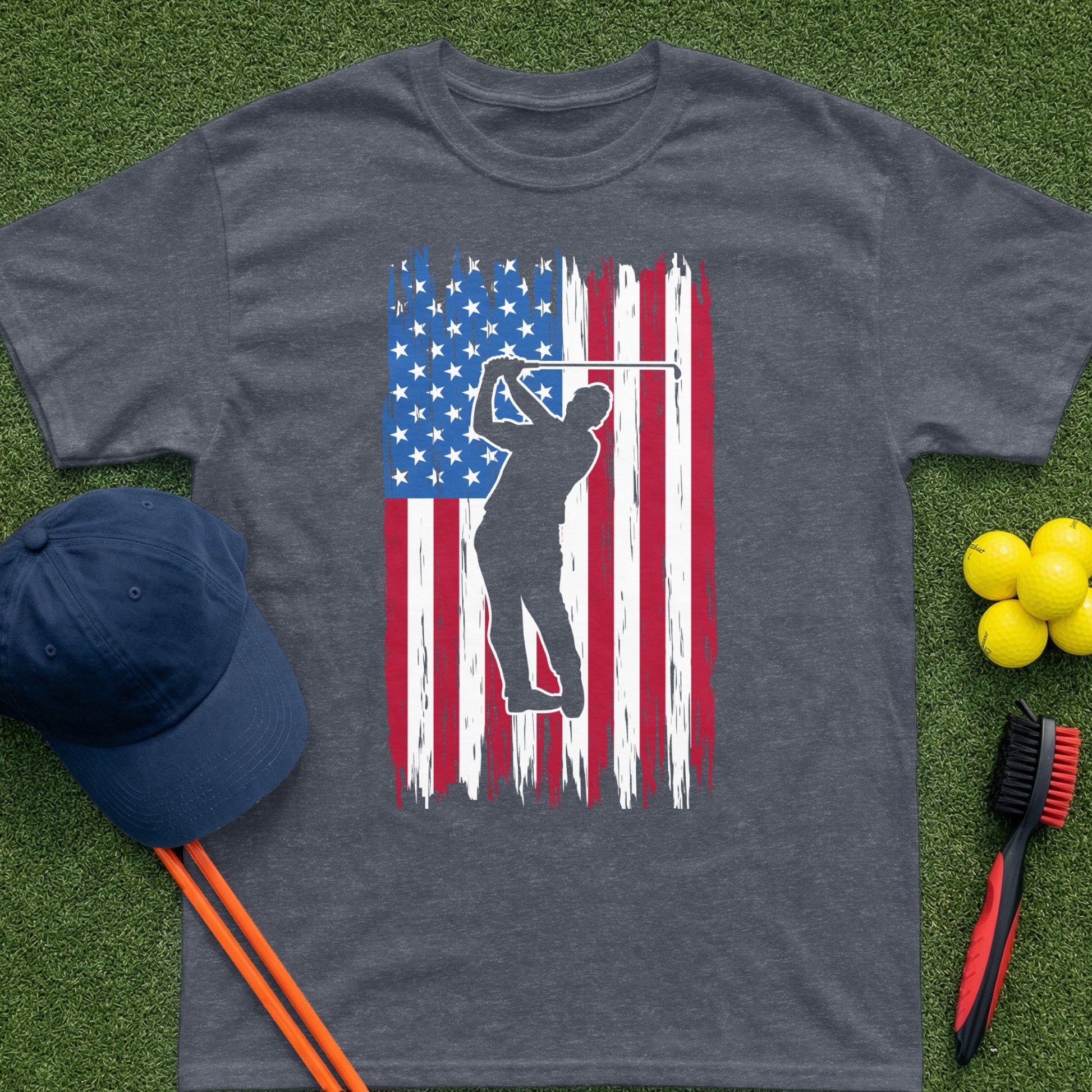 T-shirt featuring American flag with golfer silhouette.