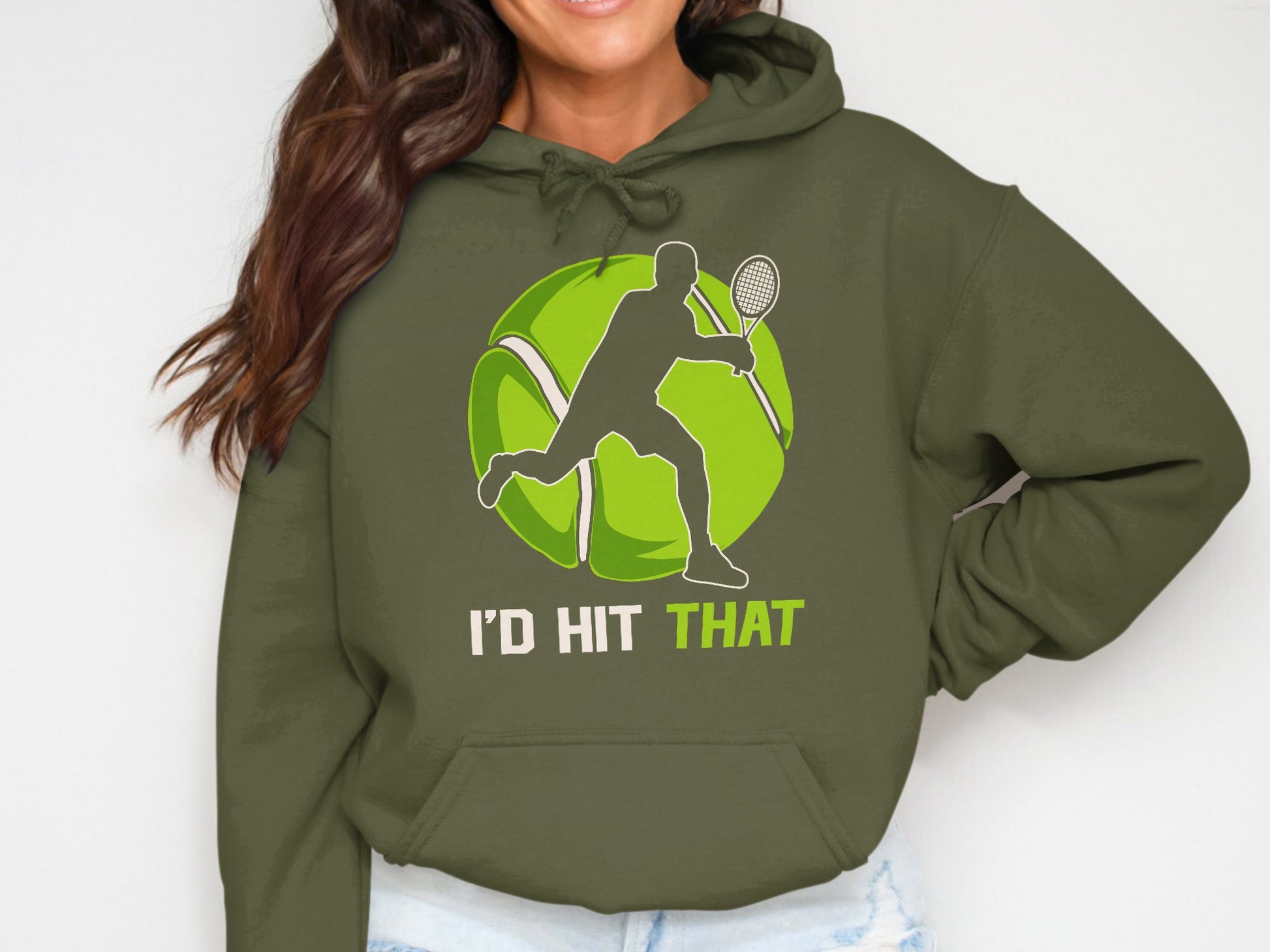 Green tennis ball graphic with a silhouette of a tennis player, "I'D HIT THAT" text.