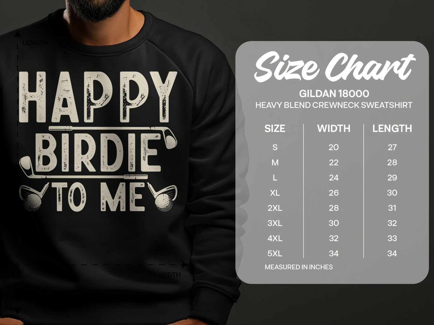 Size chart for Gildan 18000 heavy blend crewneck sweatshirt with "Happy Birdie To Me" graphic.