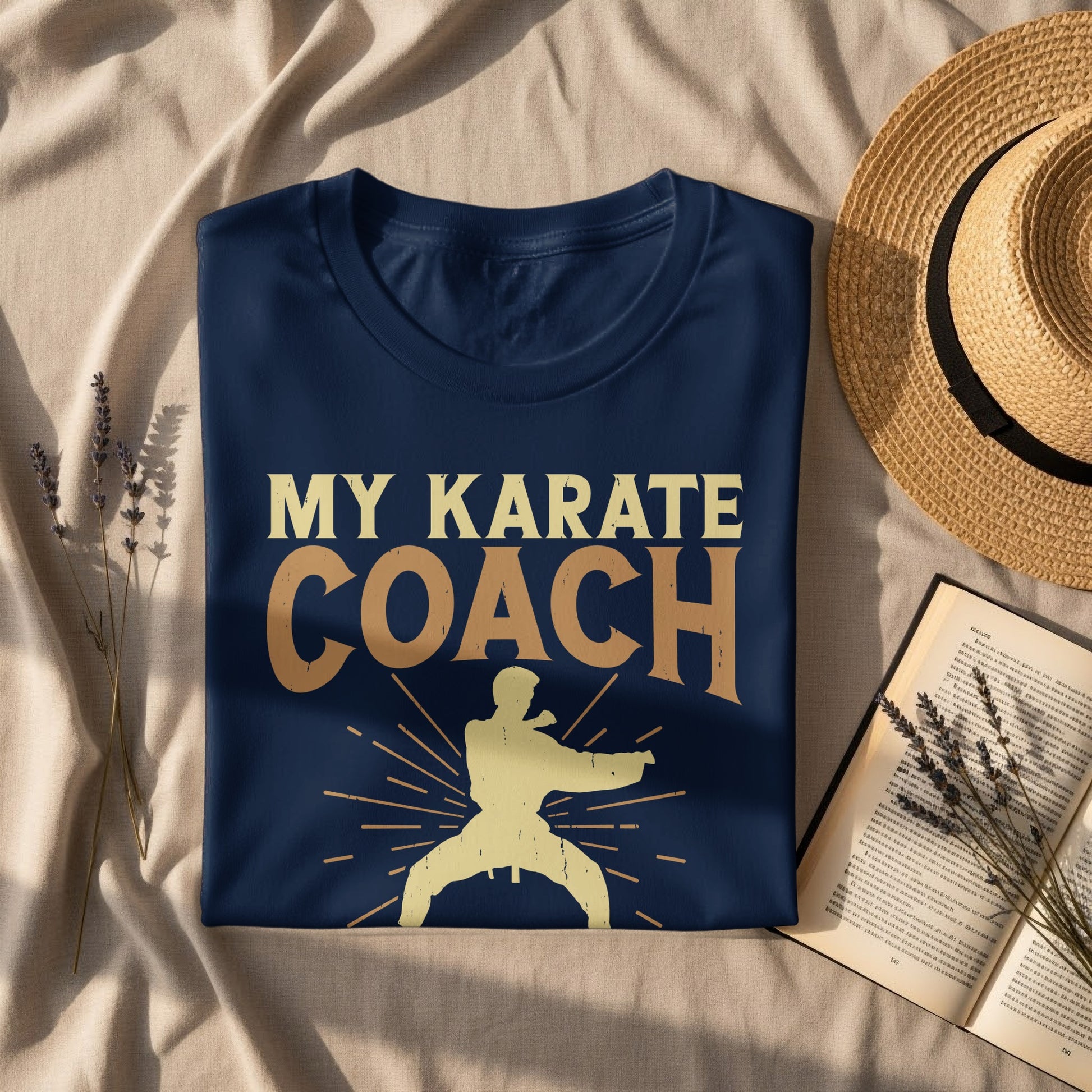 Navy t-shirt with "My Karate Coach" text and a martial artist graphic.