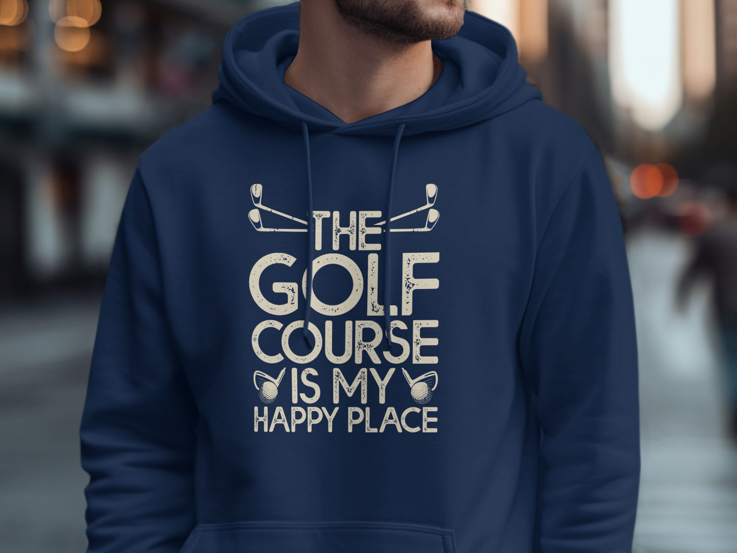 Navy hoodie with "The Golf Course is My Happy Place" text and golf graphics.