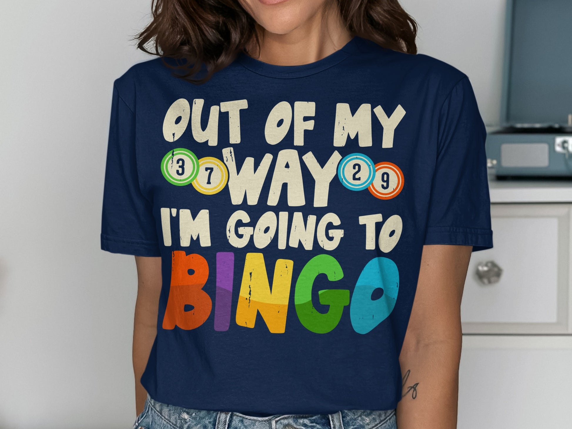 Navy t-shirt with "Out of my way I'm going to Bingo" text.
