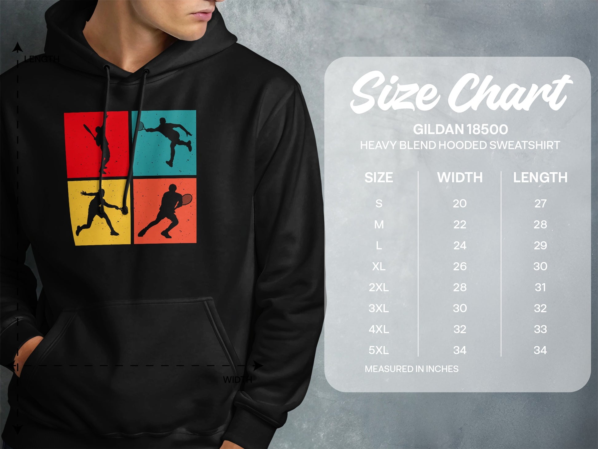 Gildan 18500 hooded sweatshirt size chart with measurements.