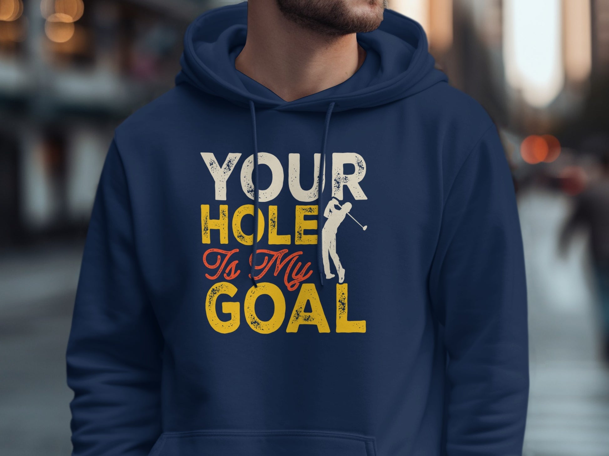Navy hoodie with "Your Hole Is My Goal" text and golfer graphic.