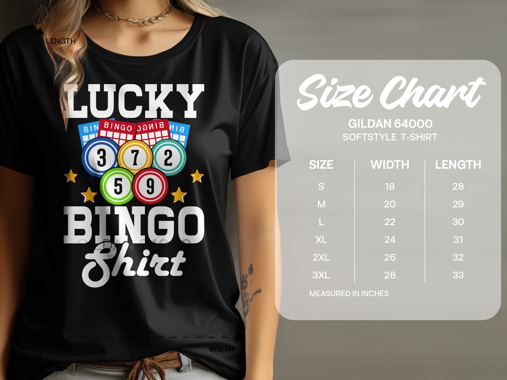 Black t-shirt with "Lucky Bingo Shirt" and bingo balls.