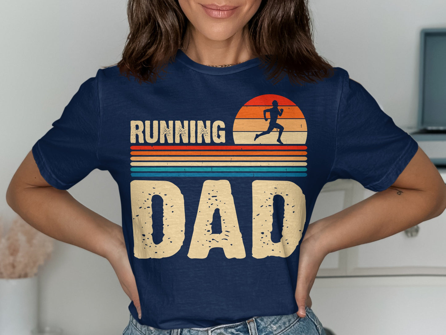 Navy t-shirt with "Running Dad" text and a silhouetted runner at sunset.