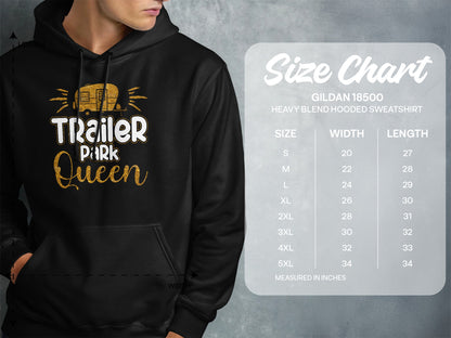 Hoodie displaying "Trailer Queen" graphic and Gildan 18500 size chart.