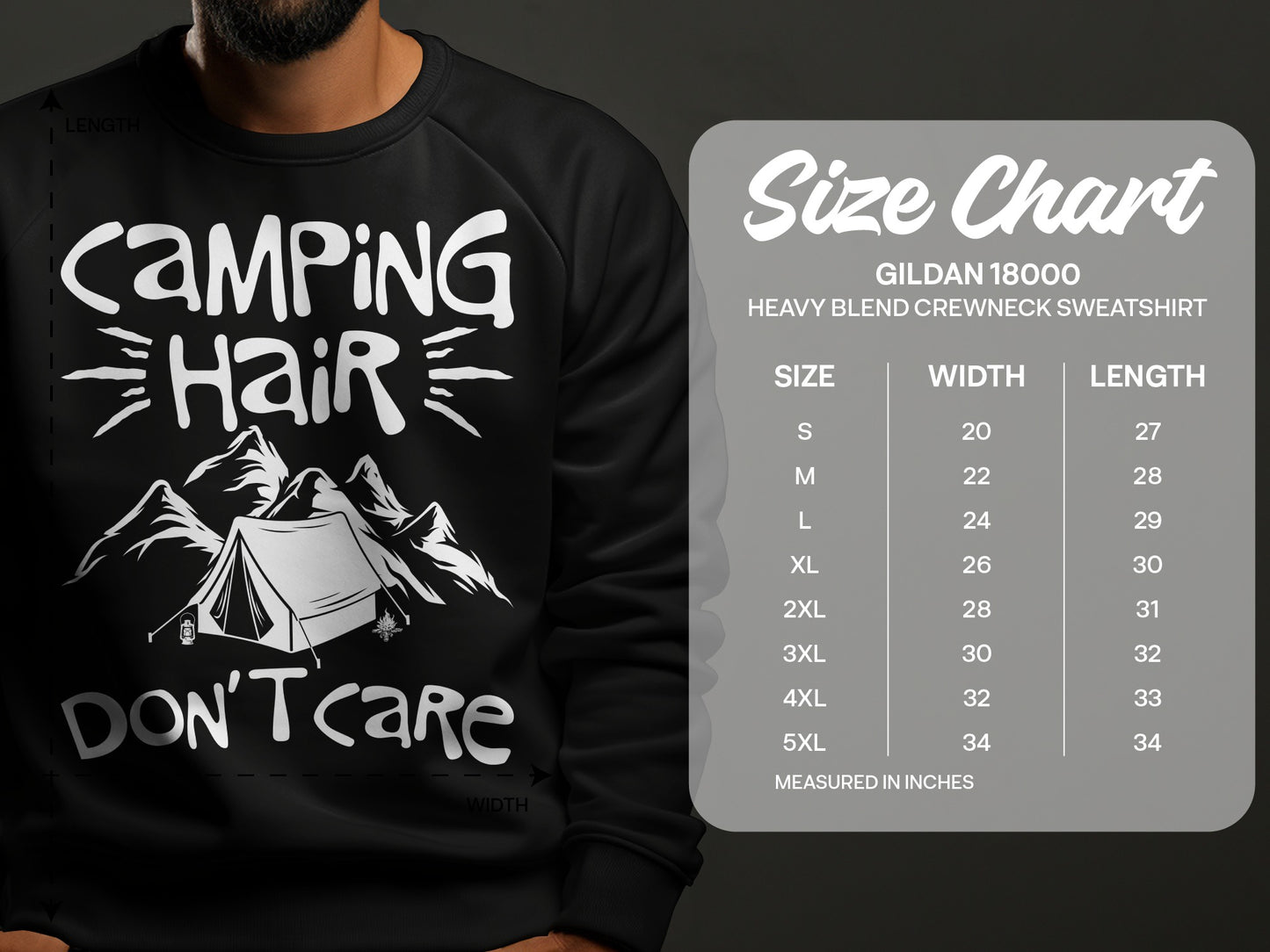 Black sweatshirt with "Camping Hair Don't Care" graphic and a size chart.