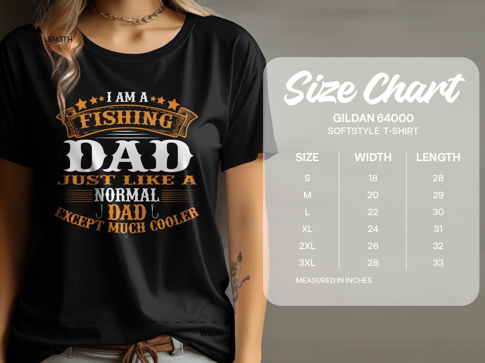 T-shirt design "I Am A Fishing Dad Just Like A Normal Dad Except Much Cooler" with size chart.