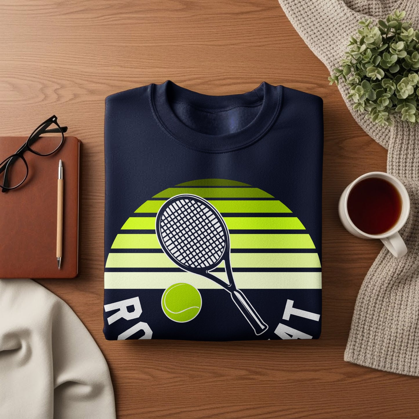 Navy sweatshirt with tennis racket, ball, and "RO LT" text.