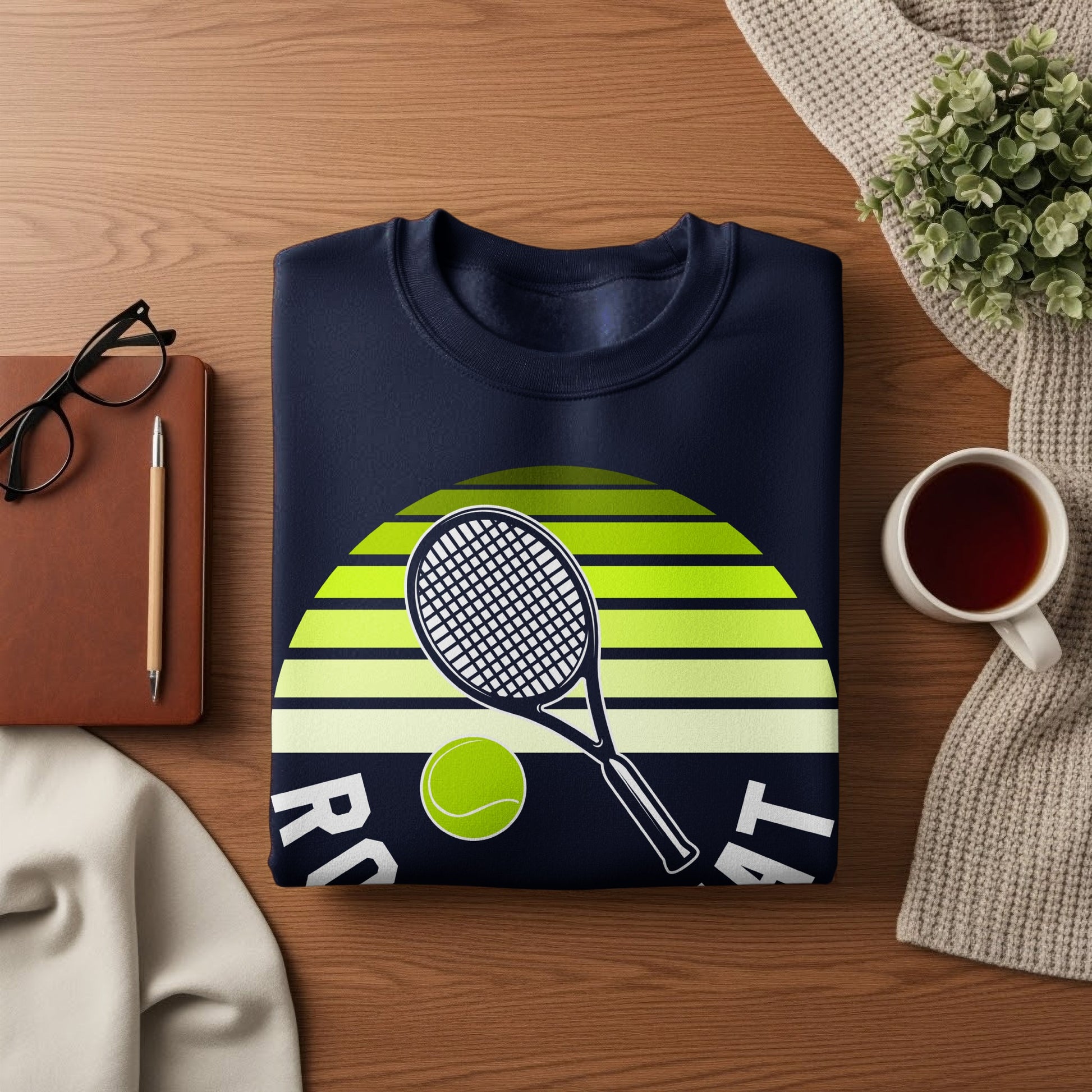 Navy sweatshirt with tennis racket, ball, and "RO LT" text.
