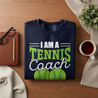 Navy sweatshirt with "I AM A TENNIS COACH" text and two tennis balls.