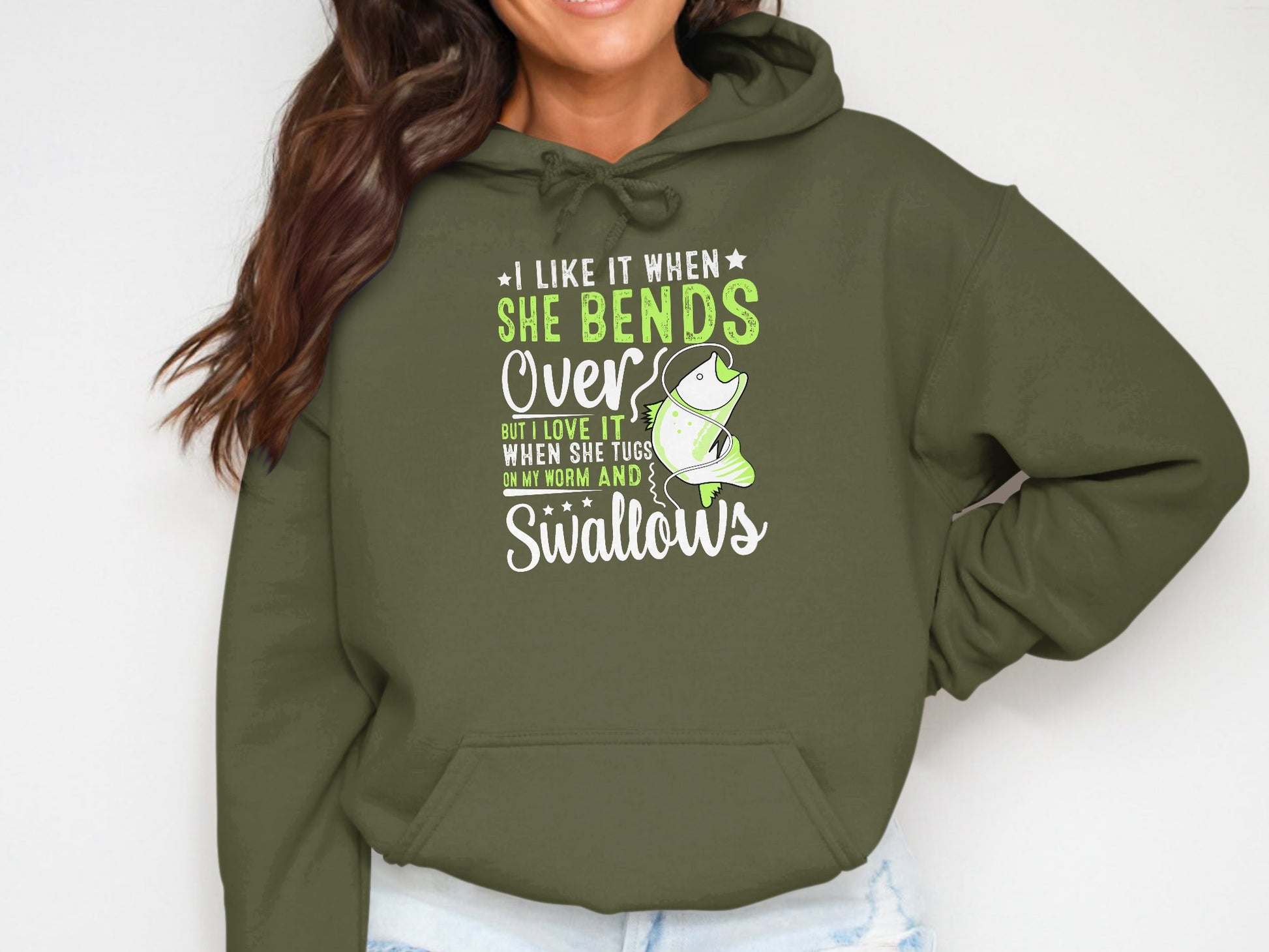 Green hoodie with a cartoon fish and text about fishing.