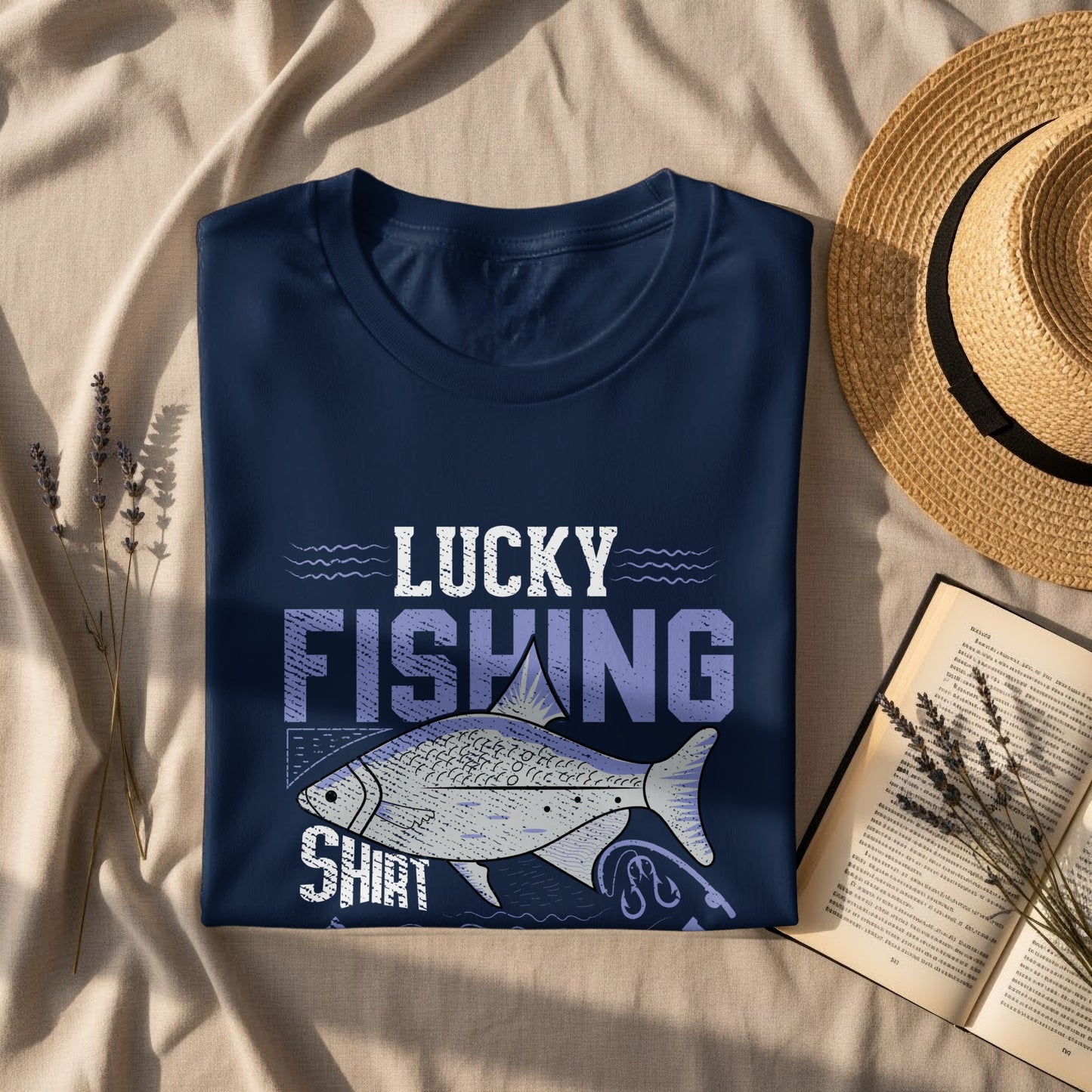 Navy t-shirt with "Lucky Fishing Shirt" text and a fish illustration.