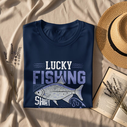 Navy t-shirt with "Lucky Fishing Shirt" text and a fish illustration.