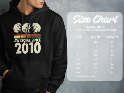 Hoodie displaying "Awesome Since 2010" with golf balls and a size chart.