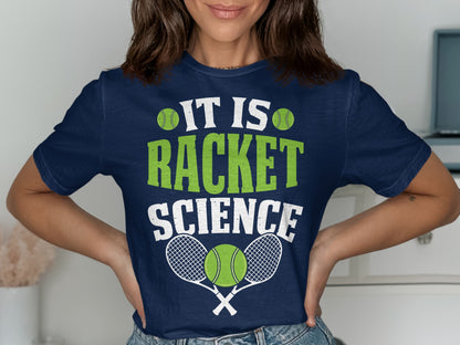 Navy t-shirt with "It is Racket Science" and crossed tennis rackets graphic.
