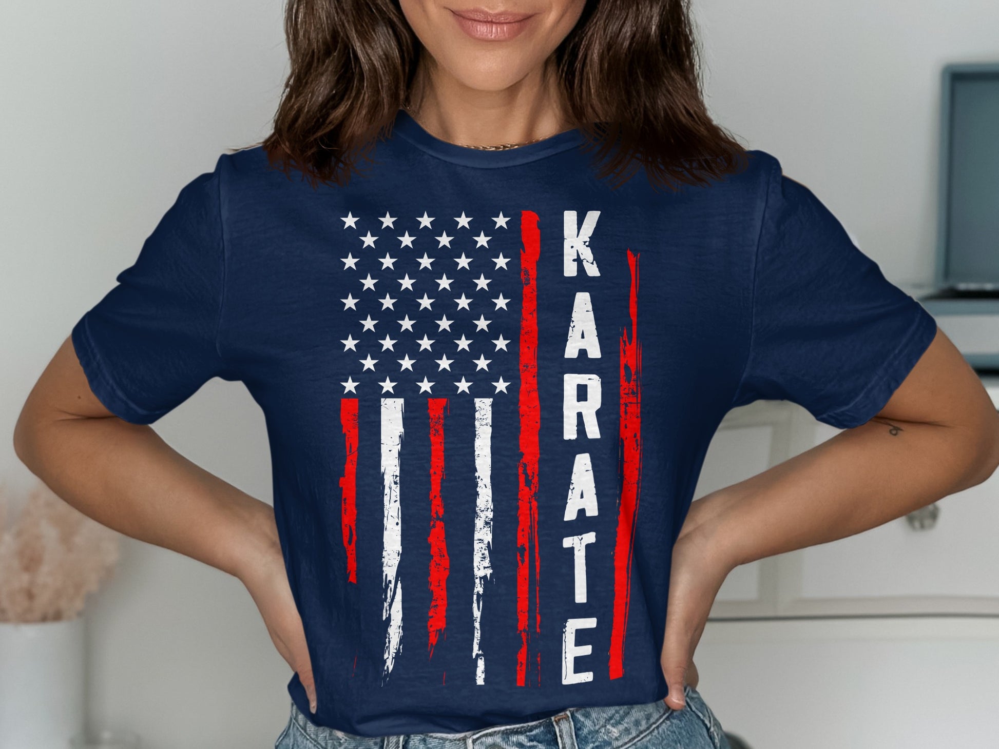 Navy t-shirt with distressed American flag design and "KARATE" text.
