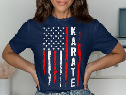 Navy t-shirt with distressed American flag design and "KARATE" text.
