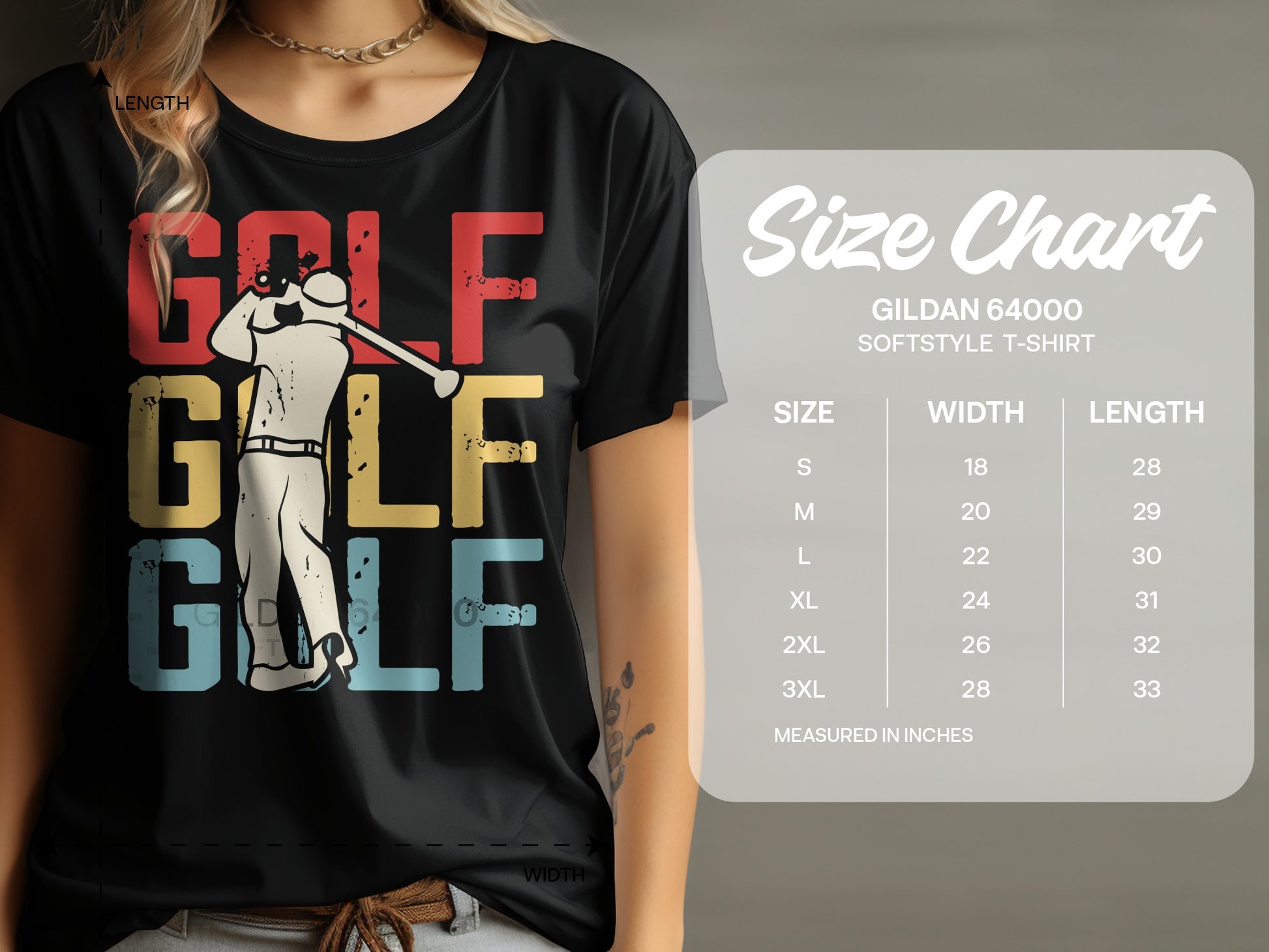 T-shirt with "GOLF GOLF GOLF" text and a golfer graphic, next to a size chart.