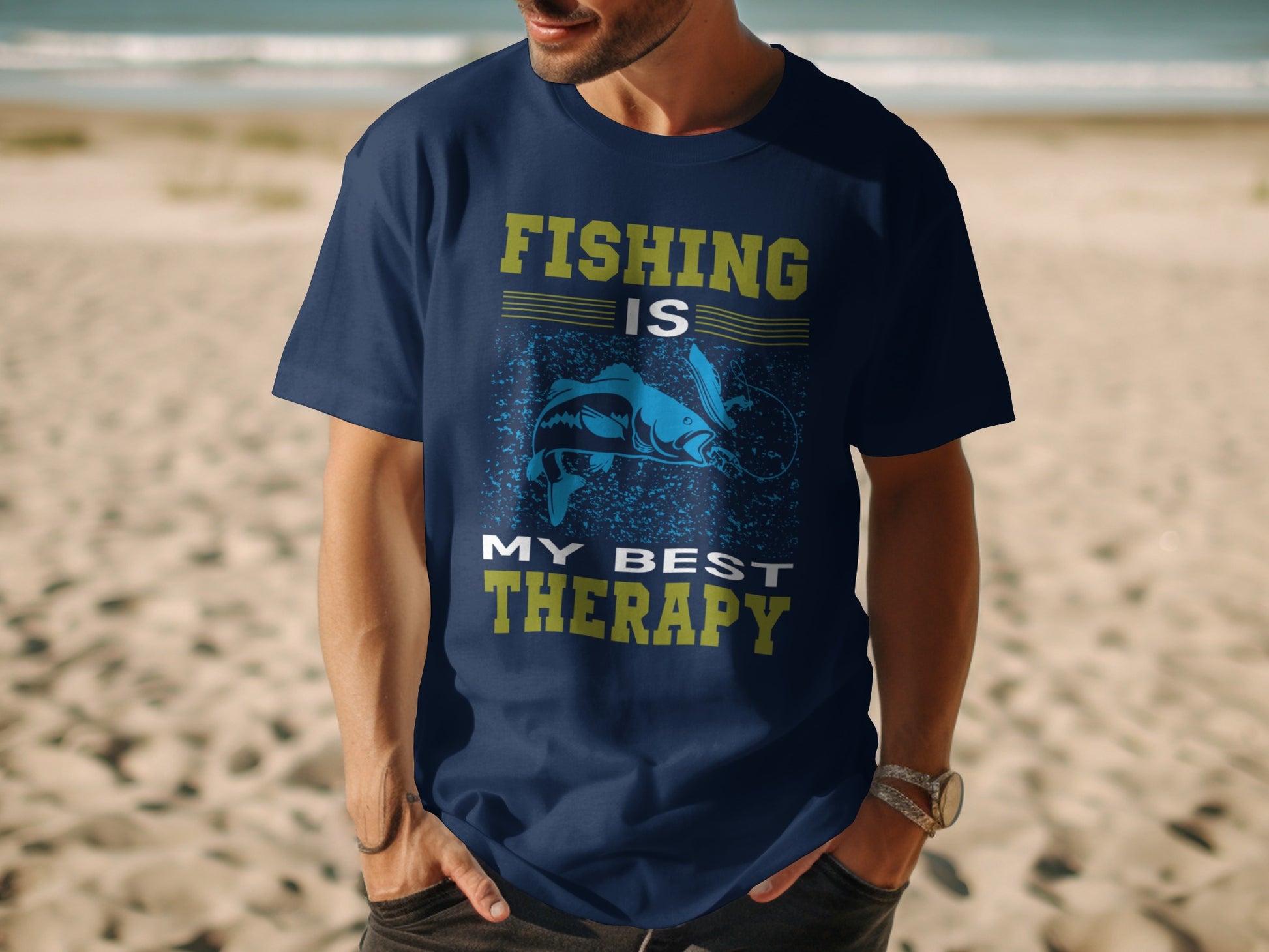 Navy t-shirt with "Fishing is my best therapy" and fish graphic.