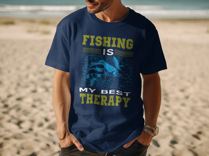 Navy t-shirt with "Fishing is my best therapy" and fish graphic.