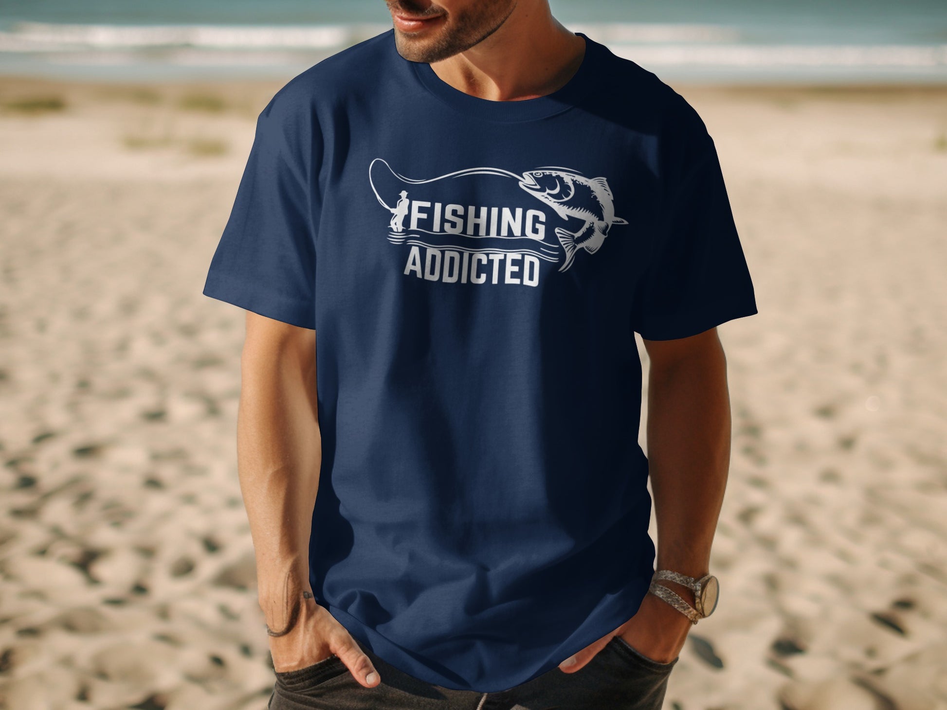 Navy t-shirt with "FISHING ADDICTED" text and fishing graphic.