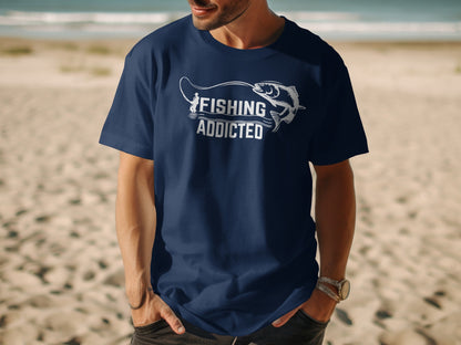 Navy t-shirt with "FISHING ADDICTED" text and fishing graphic.