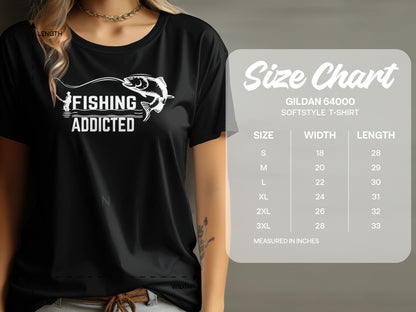Black t-shirt with "FISHING ADDICTED" graphic and size chart.
