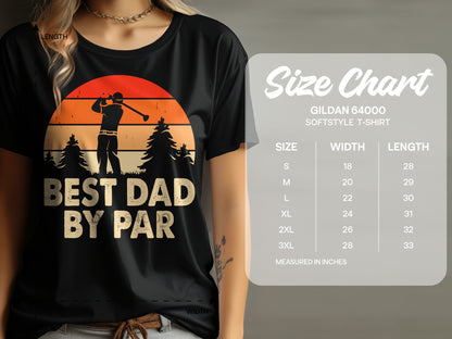 T-shirt with "Best Dad By Par" text and a golfer at sunset graphic.