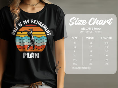 T-shirt with "Golf is my retirement plan" graphic and size chart.
