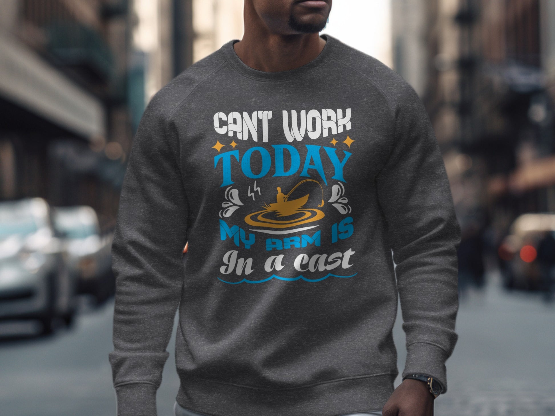 Gray crewneck sweatshirt with "Can't work today" and fishing graphic.