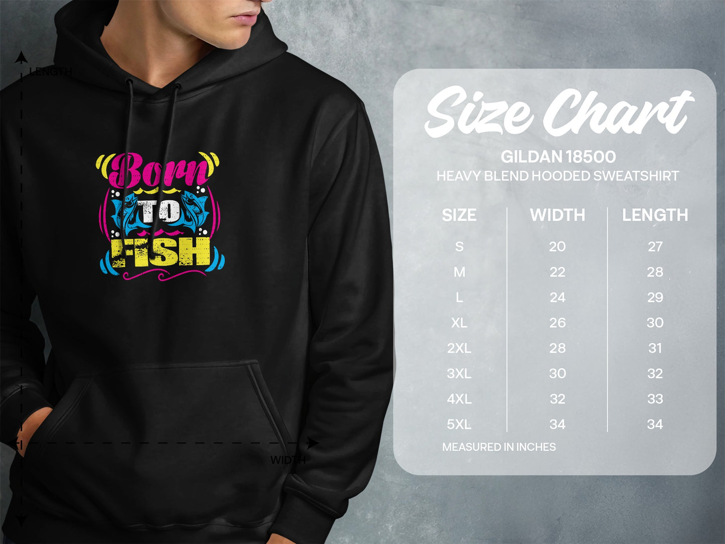 Gildan 18500 hoodie size chart showing width and length measurements in inches.