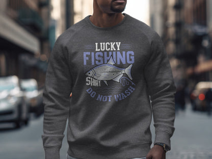 Gray sweatshirt with "Lucky Fishing Do Not Wash" text and fish graphic.