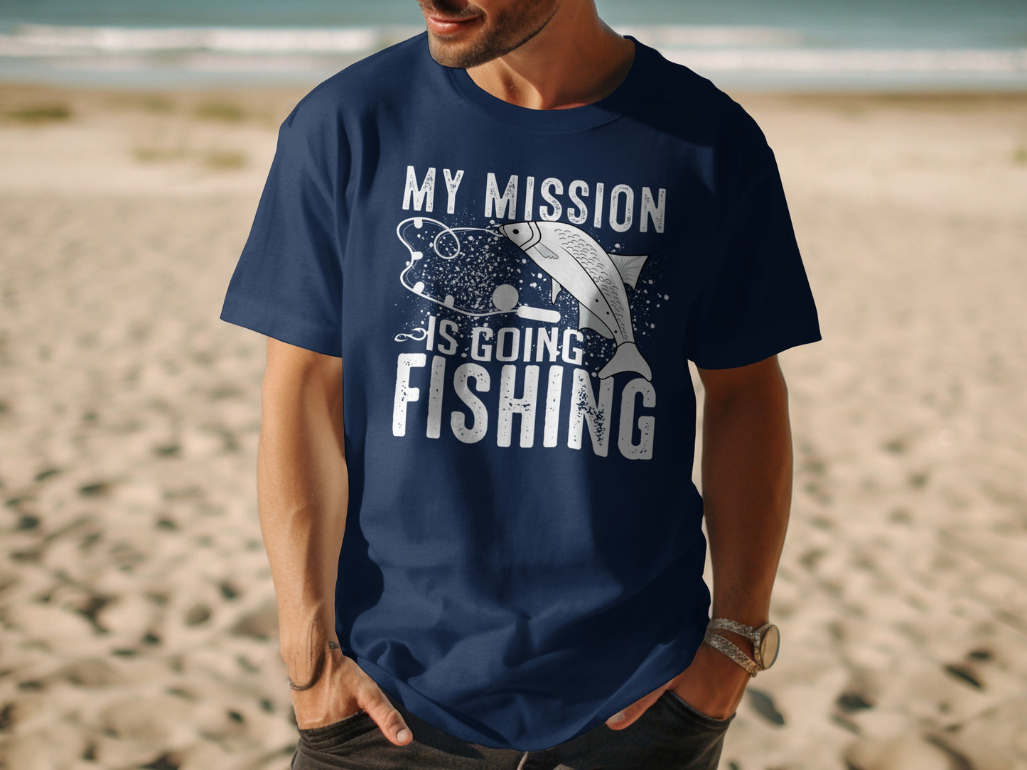 Navy t-shirt with "MY MISSION IS GOING FISHING" graphic.