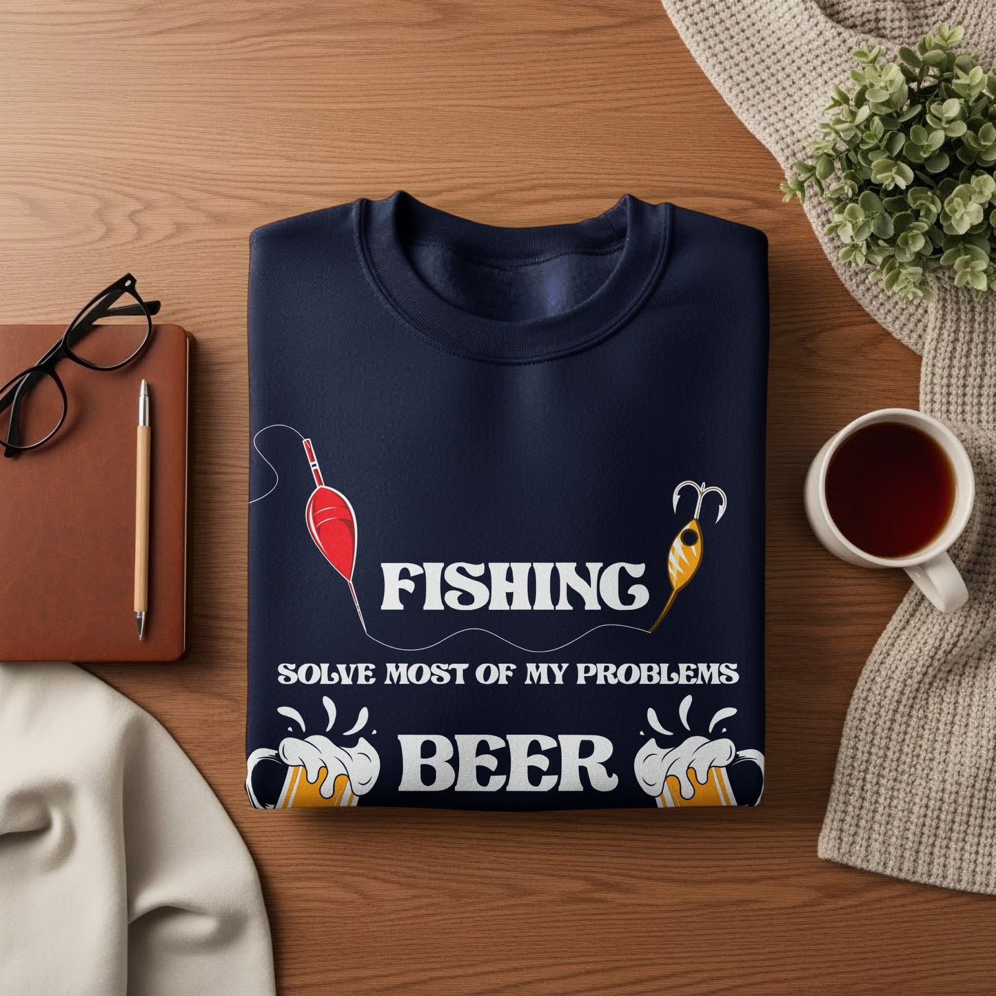 Navy sweatshirt with "FISHING SOLVE MOST OF MY PROBLEMS BEER" text and fishing graphics.