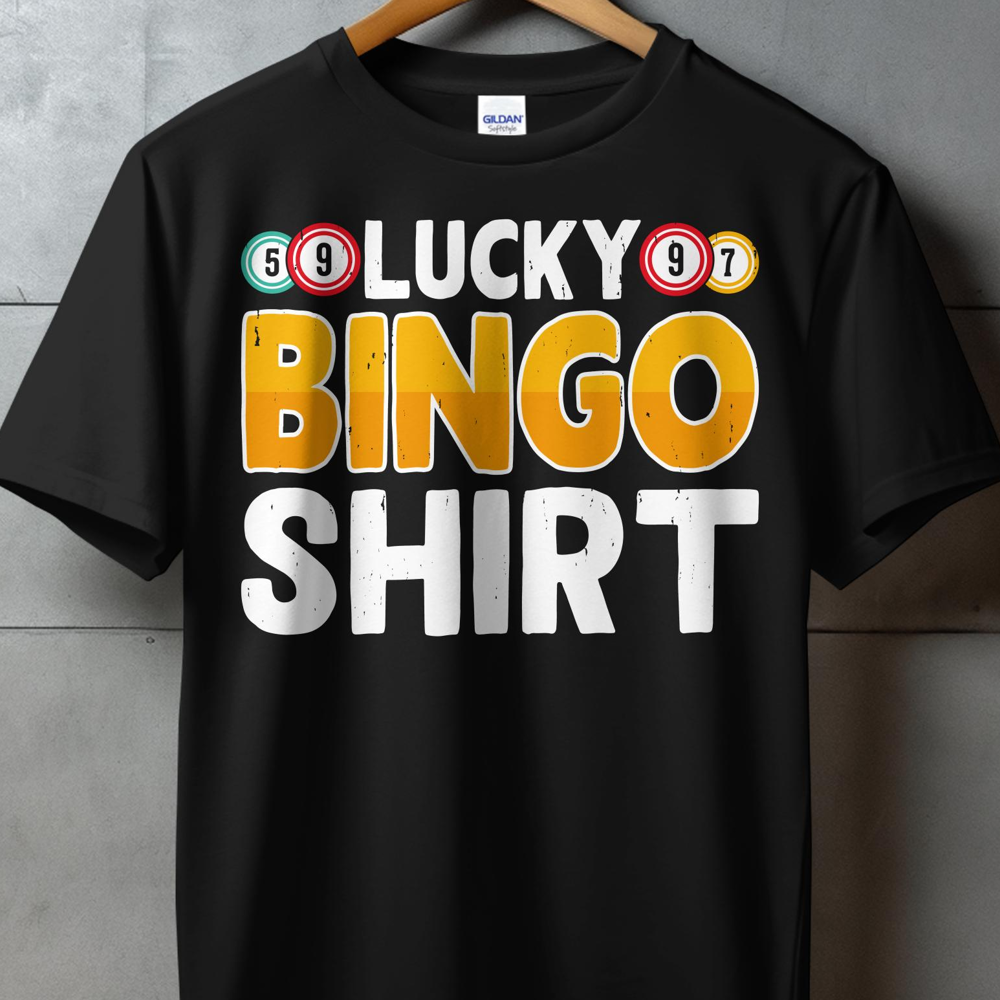 Black t-shirt with "Lucky Bingo Shirt" and bingo balls.
